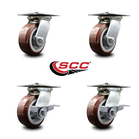 Service Caster 5 Inch Polyurethane Swivel Caster Set with Ball Bearings 2 Brakes SCC-35S520-PPUB-2-SLB-2